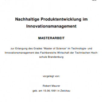 erste Seite der Masterarbeit "  Nachhaltige Produktentwicklung im Innovationsmanagement"